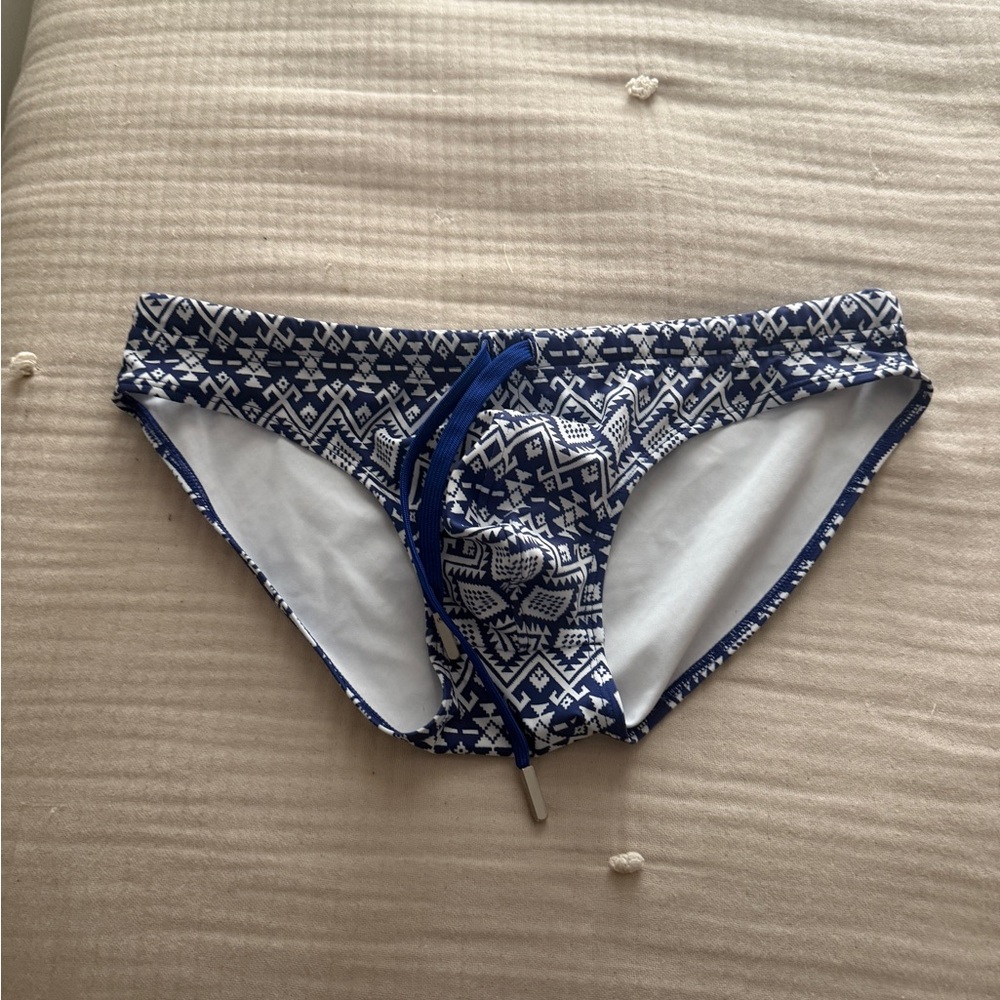 Blue and White Patterned Swim Brief